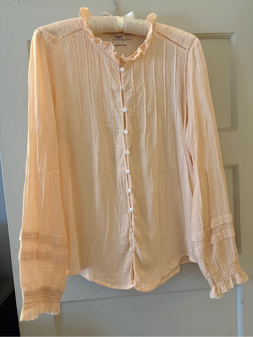 Faherty Willa Peach Ruffle-Trim Button Organic Cotton Front Blouse Size Large